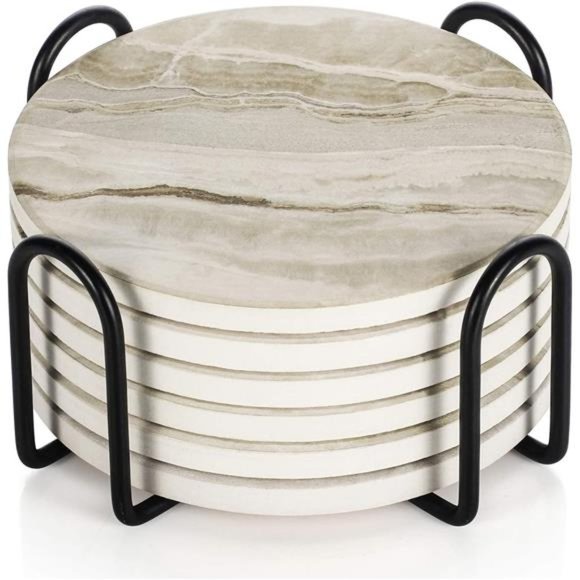 Set of 6 Drink Coasters with Holder Absorbent Coaster Marble Style Ceramic - Picture 1 of 6